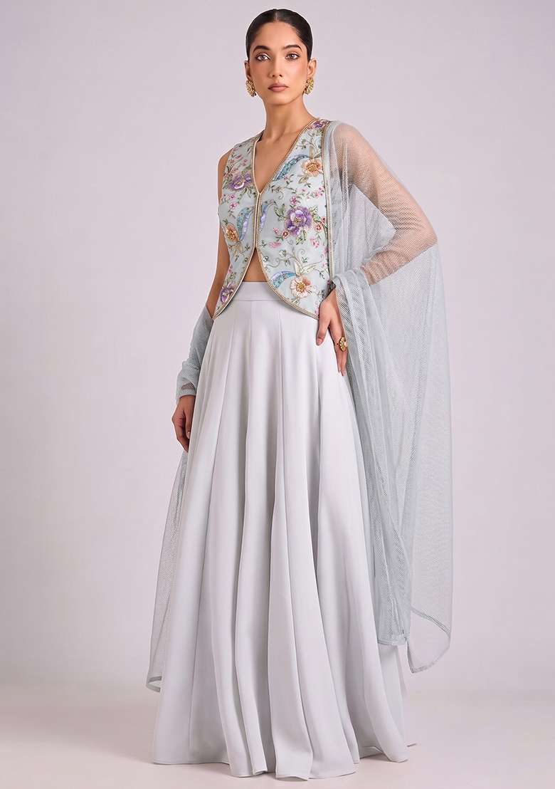 Ivory Crepe Lehenga Set with Printed for Diwali | Wedding & Festive Wear - Indya