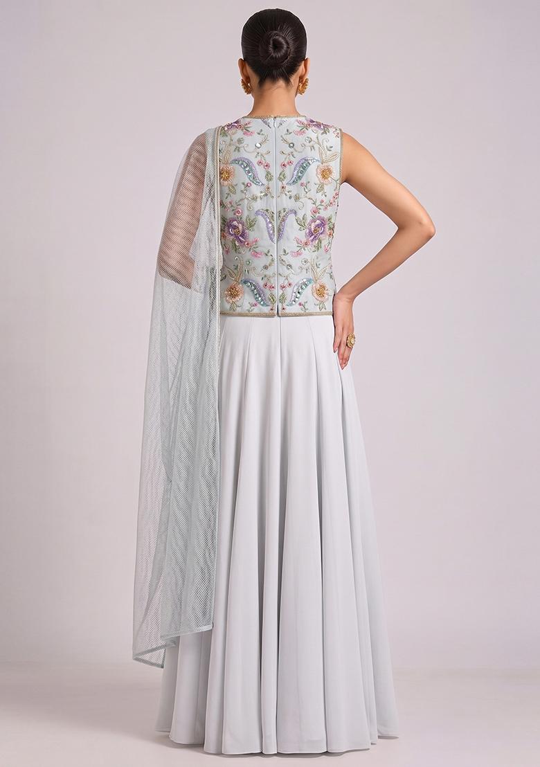 Ivory Printed Crepe Lehenga Set - Indya