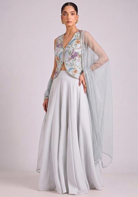 Ivory Printed Crepe Lehenga Set