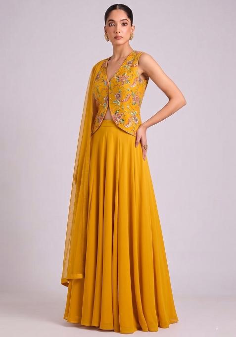 Mustard Printed Crepe Lehenga Set