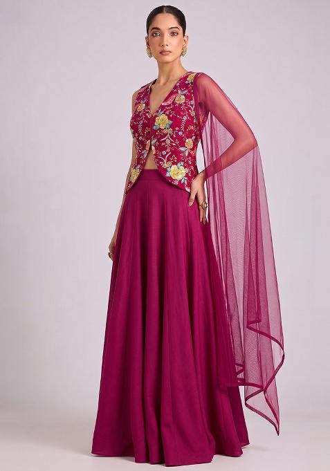 Rani Pink Printed Crepe Lehenga Set
