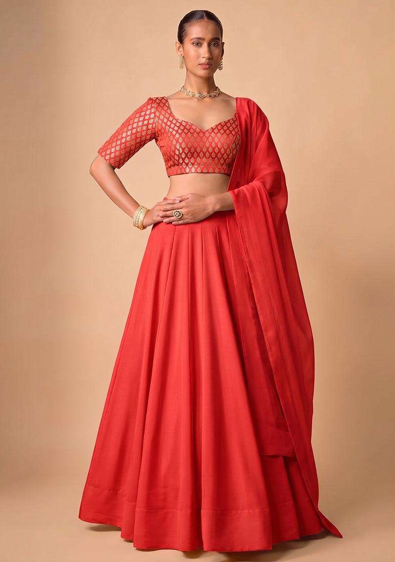 Orange Brocade Lehenga Set for Diwali | Wedding & Festive Wear - Indya