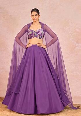 Purple Printed Crepe Lehenga Set