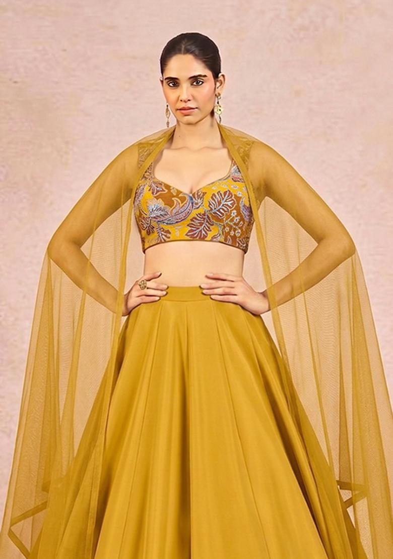 Mustard Yellow Printed Crepe Lehenga Set - Indya