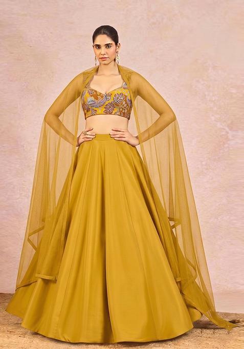 Mustard Yellow Printed Crepe Lehenga Set