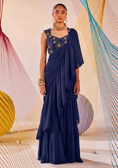 Navy Blue Embroidered Tissue Pre Draped Saree Set