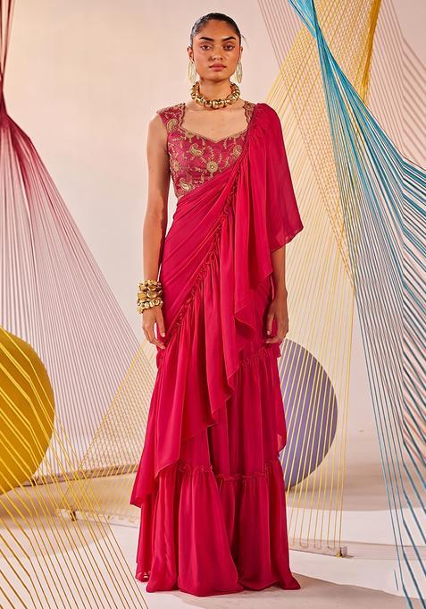 Pink Embroidered Tissue Pre Draped Saree Set