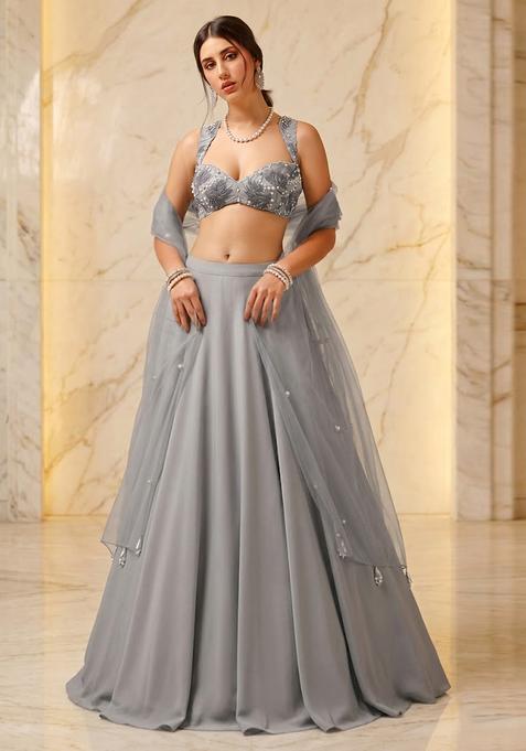 Grey Embroidered Handwork Lehenga Set