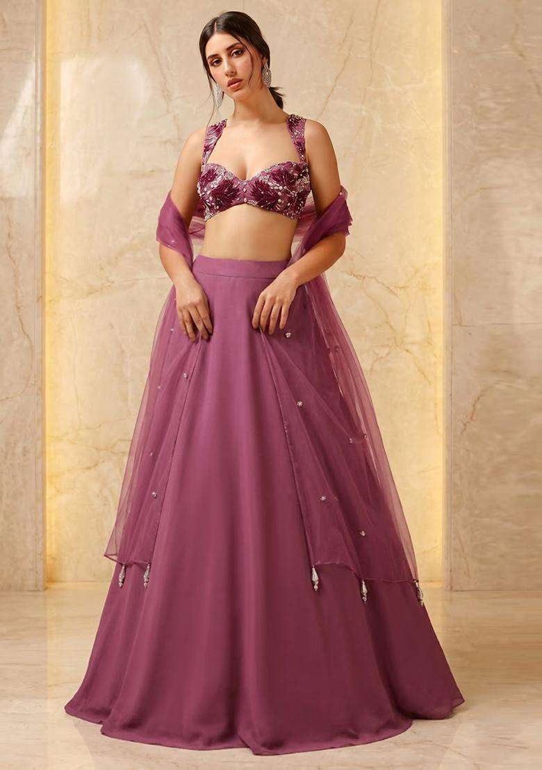 Mauve Embroidered Handwork Lehenga Set - Indya