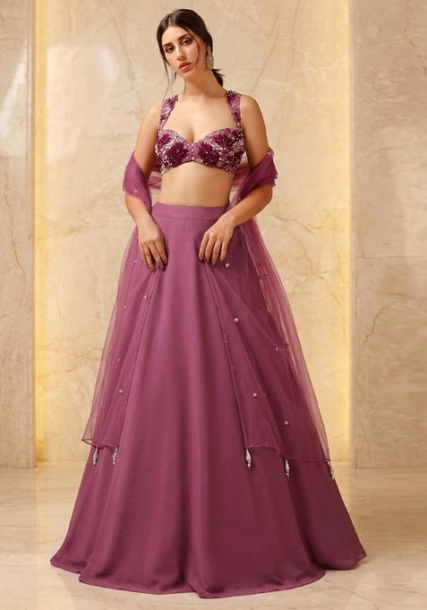 Mauve Embroidered Handwork Lehenga Set