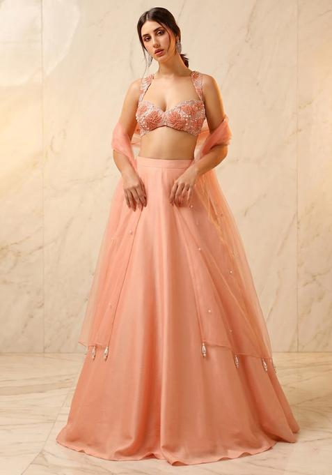 Peach Embroidered Handwork Lehenga Set