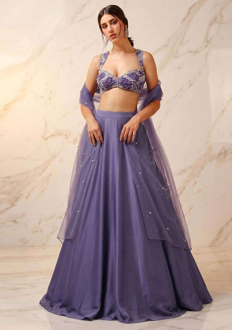 Purple Embroidered Handwork Lehenga Set - Indya