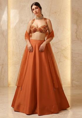 Rust Embroidered Handwork Lehenga Set