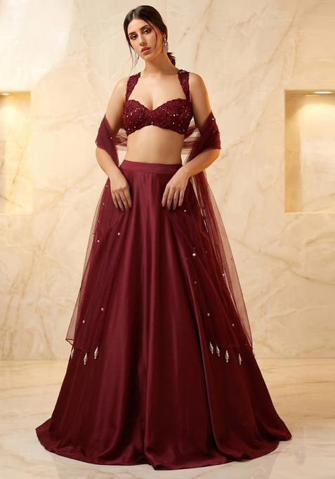 Wine Embroidered Handwork Lehenga Set