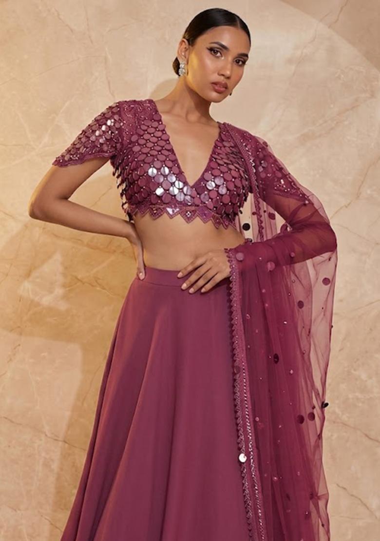 Mauve Embroidered Handwork Lehenga Set - Indya