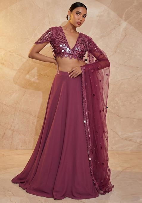 Mauve Embroidered Handwork Lehenga Set