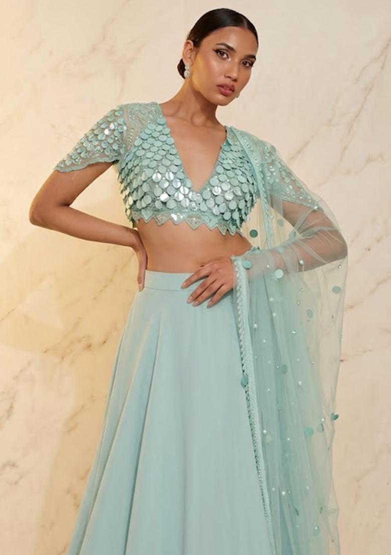 Mint Embroidered Handwork Lehenga Set - Indya