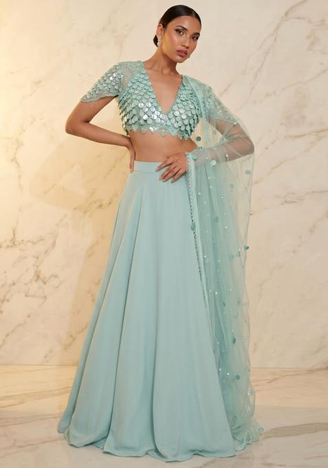 Mint Embroidered Handwork Lehenga Set