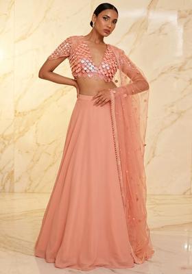 Peach Embroidered Handwork Lehenga Set
