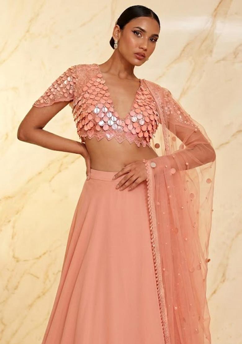 Peach Embroidered Handwork Lehenga Set - Indya
