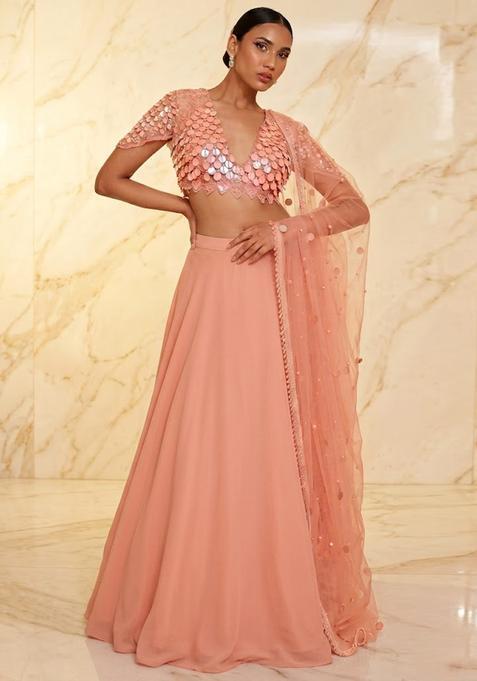 Peach Embroidered Handwork Lehenga Set
