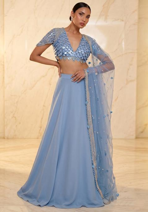 Powder Blue Embroidered Handwork Lehenga Set
