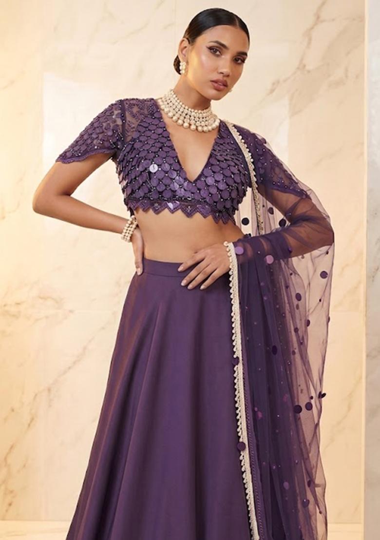 Purple Embroidered Handwork Lehenga Set - Indya