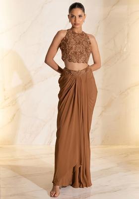Beige Embroidered Handwork Fusion Set