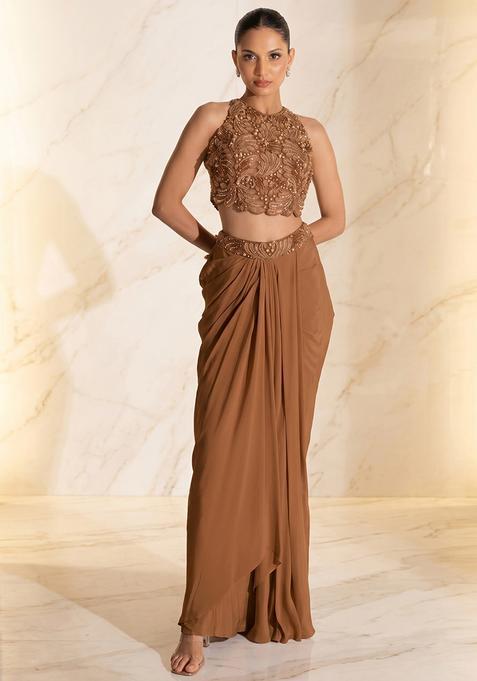 Beige Embroidered Handwork Fusion Set