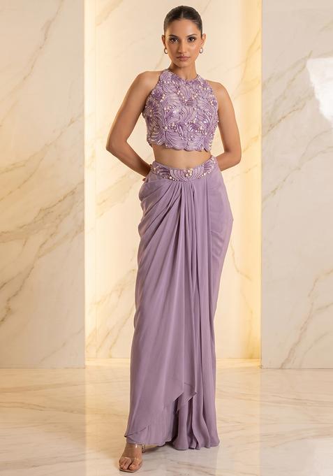 Lavender Embroidered Handwork Fusion Set