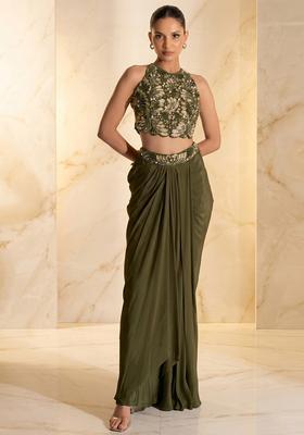 Olive Green Embroidered Handwork Fusion Set