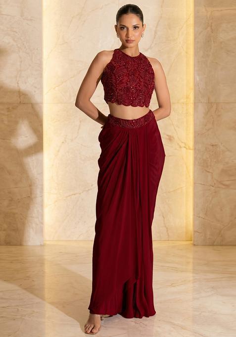 Red Embroidered Handwork Fusion Set