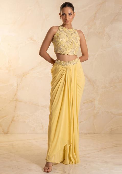 Yellow Embroidered Handwork Fusion Set