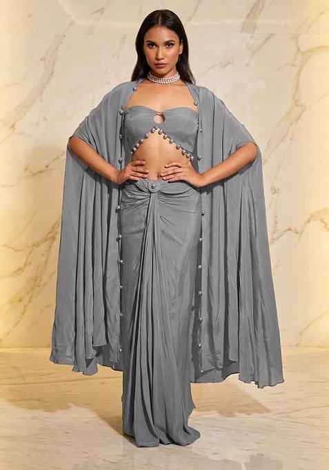 Grey Embroidered Handwork Fusion Set