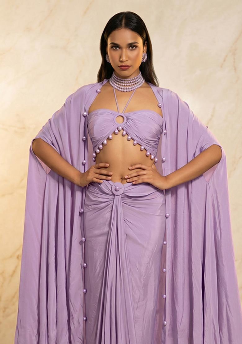 Lavender Embroidered Handwork Fusion Set - Indya