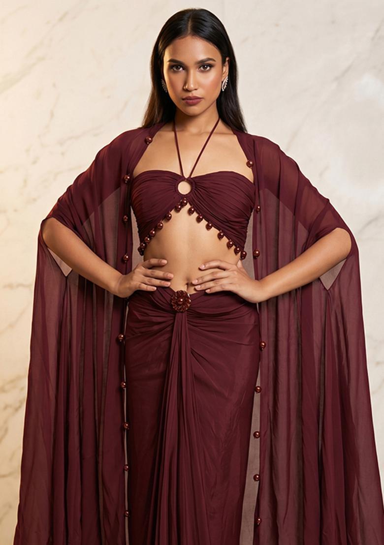 Wine Embroidered Handwork Fusion Set - Indya