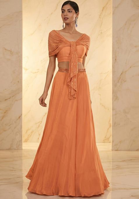 Peach Embroidered Handwork Fusion Set