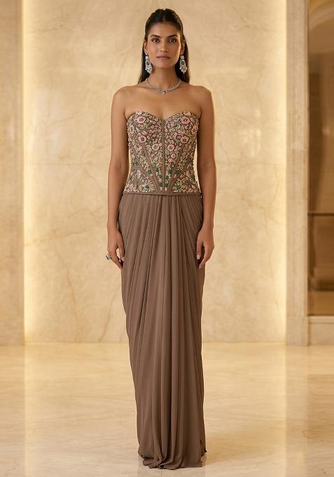 Beige Embroidered Handwork Fusion Set
