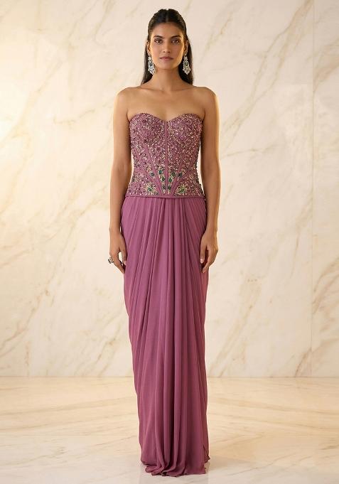 Mauve Embroidered Handwork Fusion Set