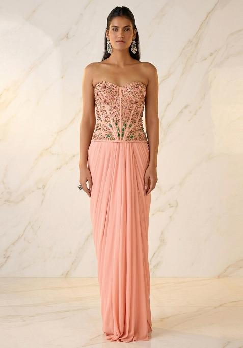 Peach Embroidered Handwork Fusion Set