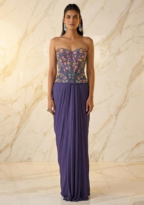 Purple Embroidered Handwork Fusion Set