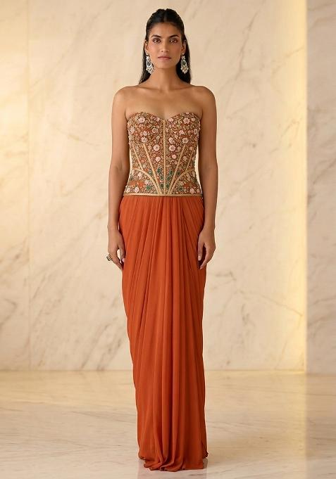 Rust Embroidered Handwork Fusion Set