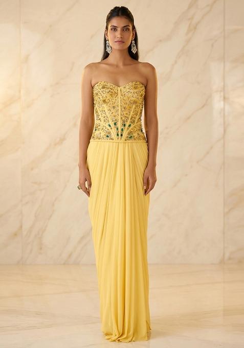 Yellow Embroidered Handwork Fusion Set