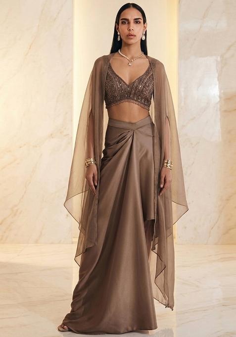 Beige Embroidered Handwork Fusion Set