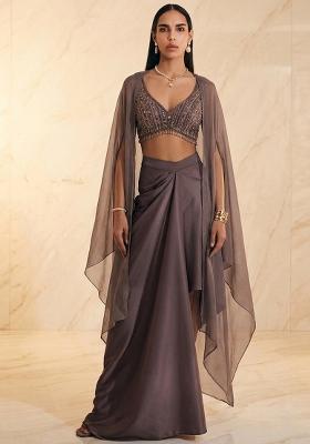 Plum Embroidered Handwork Fusion Set