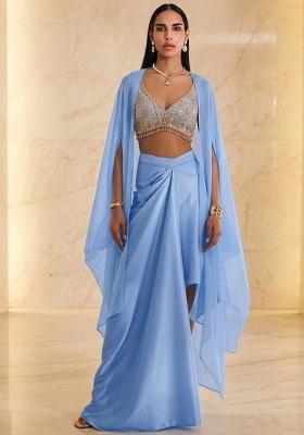 Blue Embroidered Handwork Fusion Set