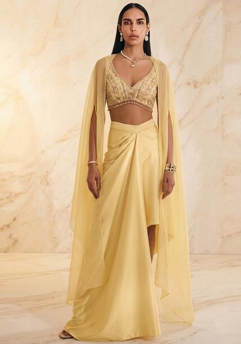 Light Yellow Embroidered Handwork Fusion Set