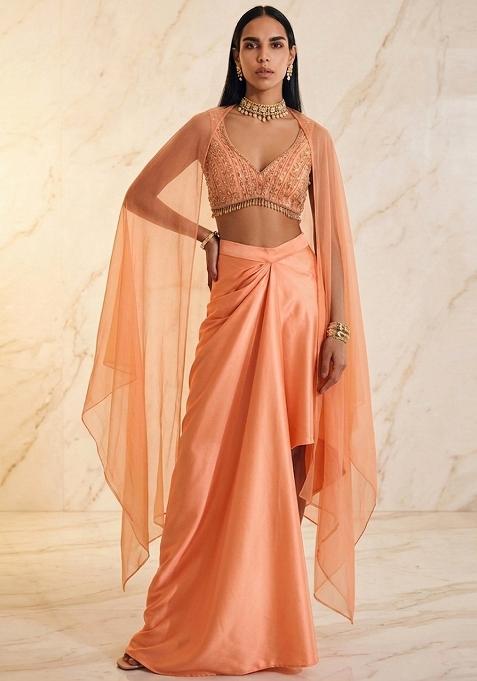 Peach Embroidered Handwork Fusion Set