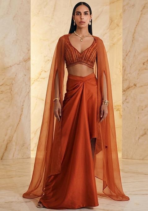 Rust Embroidered Handwork Fusion Set
