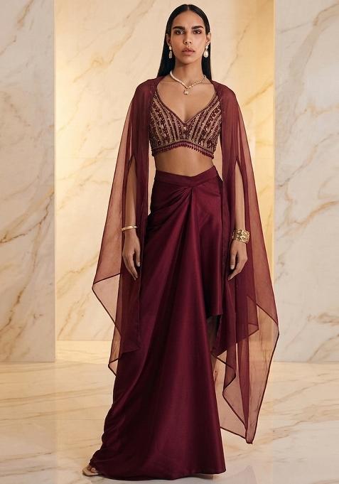 Wine Embroidered Handwork Fusion Set